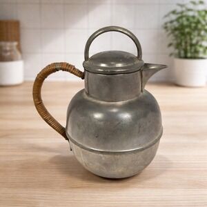 Rogers Pewter Coffee Pot Rattan Handle Mid Century Solid Pewter